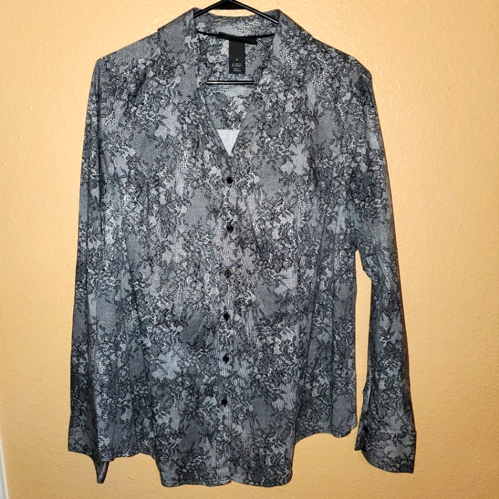 Lane Bryant Floral Lace Look Print Yneck Button Front Collared Long Sleeve Shirt
